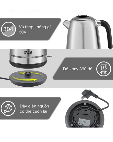 LBWE7762 - Ấm  siêu tốc, ấm đun nước inox LEBENLANG dung tích 1700ml