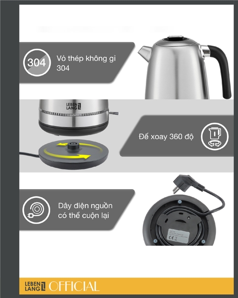 LBWE7762 - Ấm  siêu tốc, ấm đun nước inox LEBENLANG dung tích 1700ml