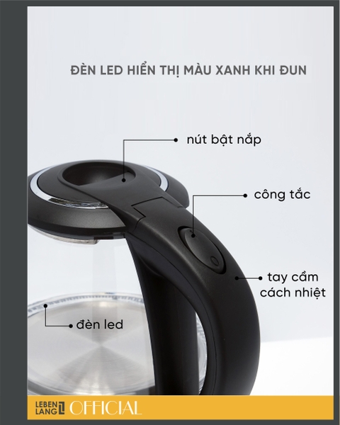 LBL2829 - Ấm siêu tốc, ấm thủy tinh Lebenlang LBL2829 dung tích 1000ml