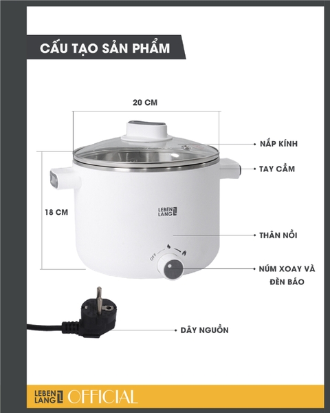 LBL0303-Nồi điện đa năng Lebenlang 600W dung tích 1200ml