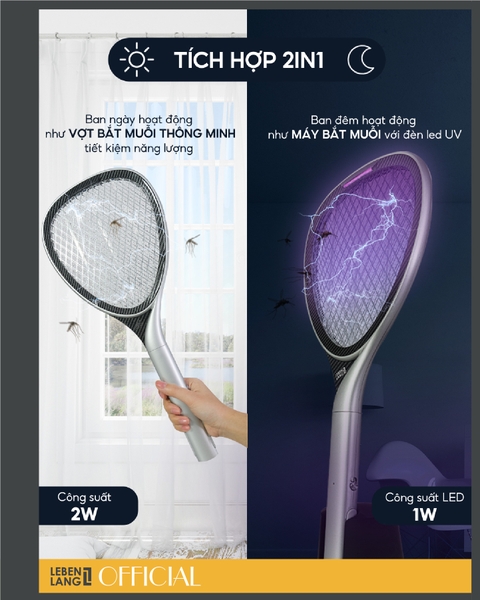 LBL0101 - Vợt muỗi điện thông minh Lebenlang kiêm đèn bắt muỗi 2in1 tự động, công suất 2W