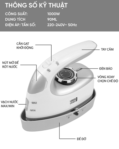 LBL66673 - Bàn là hơi nước du lịch LEBENLANG 1000W 90ml