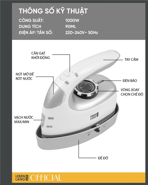 LBL66673 - Bàn là hơi nước du lịch LEBENLANG 1000W 90ml