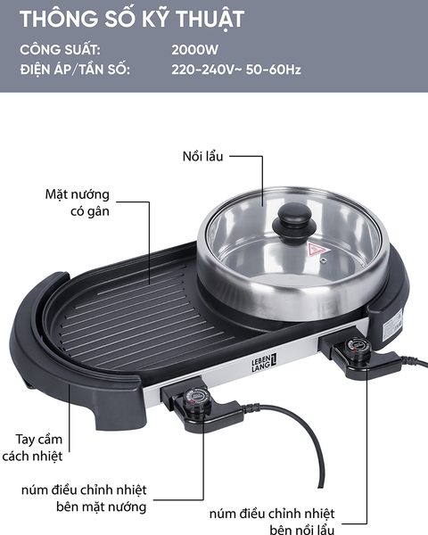 LBTT0805 - Bếp lẩu nướng đa năng, nồi lẩu riêng biệt Lebenlang 2000W