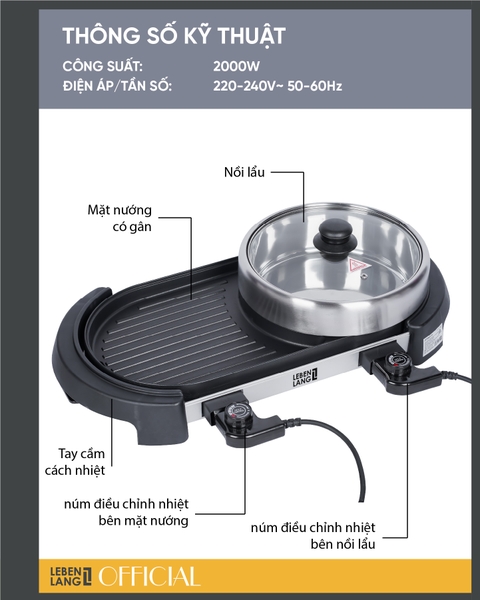 LBTT0805 - Bếp lẩu nướng đa năng, nồi lẩu riêng biệt Lebenlang 2000W