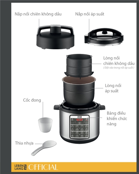LBEE7308 - Nồi áp suất điện tử đa năng, kết hợp chiên không dầu LEBENLANG 1000W 6000ml