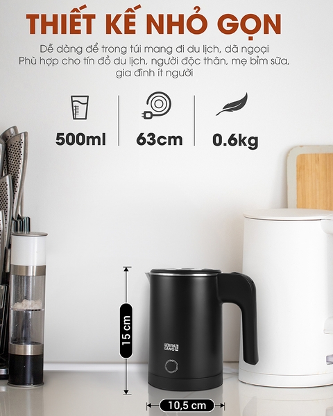 LBL2319 - Ấm siêu tốc inox nhỏ gọn Lebenlang LBL2319  dung tích 500ml