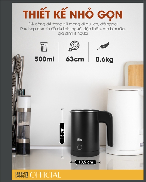 LBL2319 - Ấm siêu tốc inox nhỏ gọn Lebenlang LBL2319  dung tích 500ml