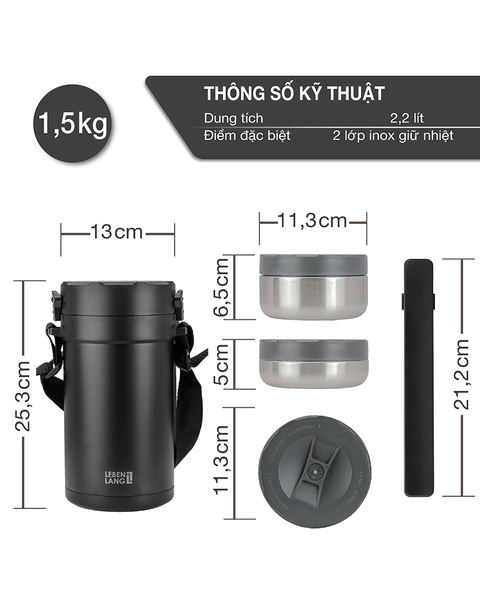 LBT856 - Hộp giữ nhiệt, hộp cơm inox Lebenlang 6 chi tiết