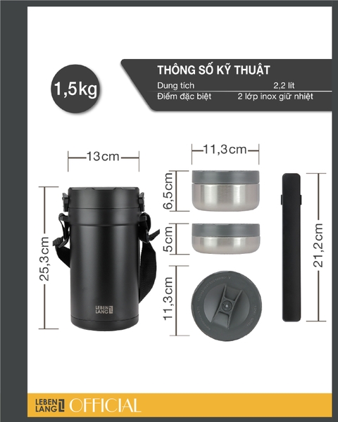 LBT856 - Hộp giữ nhiệt, hộp cơm inox Lebenlang 6 chi tiết