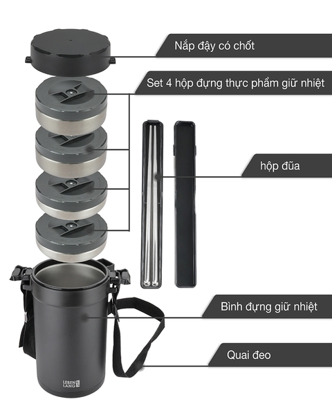 LBT856 - Hộp giữ nhiệt, hộp cơm inox Lebenlang 6 chi tiết