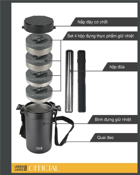 LBT856 - Hộp giữ nhiệt, hộp cơm inox Lebenlang 6 chi tiết