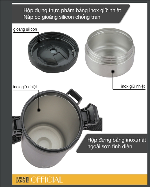 LBT856 - Hộp giữ nhiệt, hộp cơm inox Lebenlang 6 chi tiết