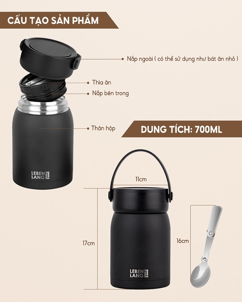 LBL3038 - Hộp giữ nhiệt inox kèm thìa Lebenlang 700ml