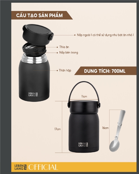 LBL3038 - Hộp giữ nhiệt inox kèm thìa Lebenlang 700ml