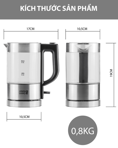 LBL2809 - Ấm siêu tốc, ấm thủy tinh Lebenlang LBL2809 dung tích 500ml