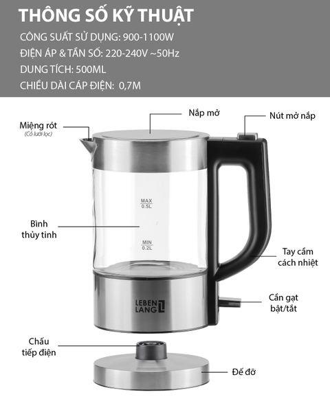 LBL2809 - Ấm siêu tốc, ấm thủy tinh Lebenlang LBL2809 dung tích 500ml