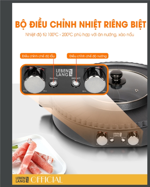 LBTT5288- Bếp lẩu nướng điện tròn 2 ngăn Lebenlang 1800W
