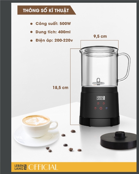 LBF3086-Máy đánh bọt sữa bình thủy tinh LEBENLANG 500W 400ml