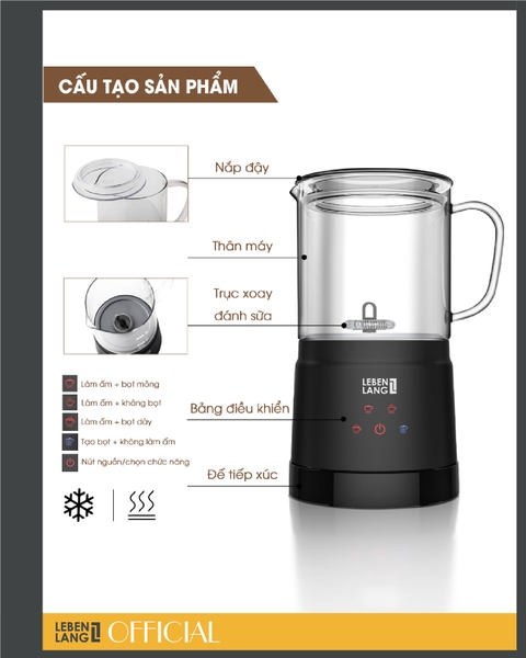 LBF3086-Máy đánh bọt sữa bình thủy tinh LEBENLANG 500W 400ml