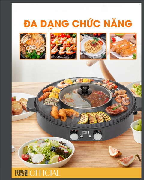 LBTT5288- Bếp lẩu nướng điện tròn 2 ngăn Lebenlang 1800W