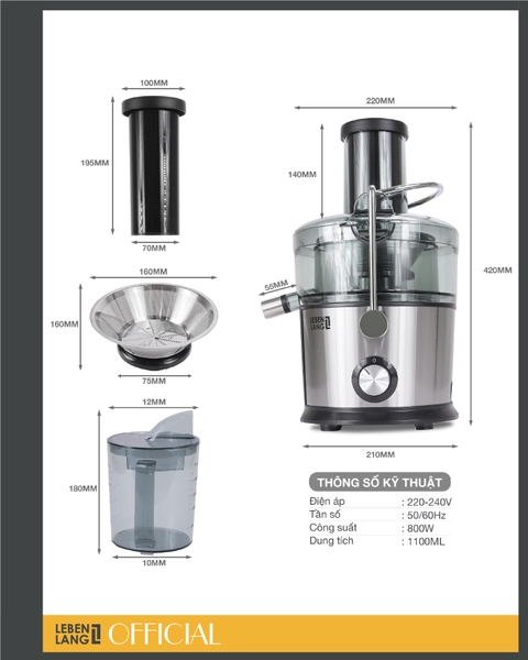 LBEJ3468 - Máy ép nhanh LEBENLANG 1100ml 800W
