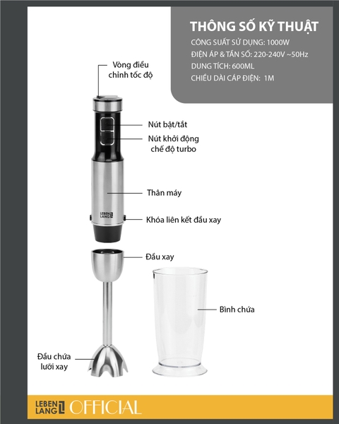 LBL3638 - Máy xay sinh tố cầm tay đa năng Lebenlang 12 chế độ 1000W