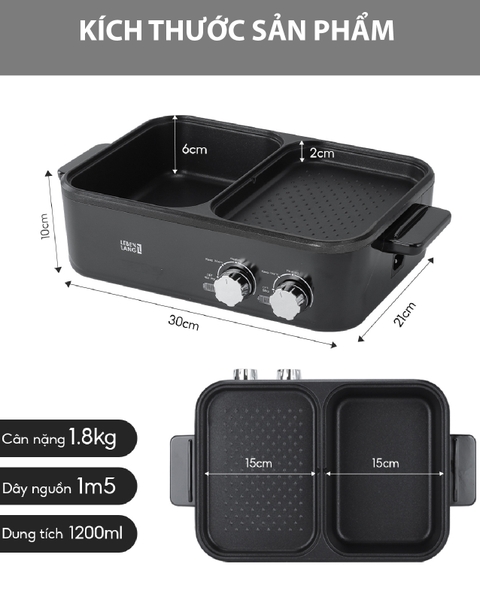 LBL8583 - Bếp nướng lẩu 2 ngăn chống dính Lebenlang 1200ml 1300W