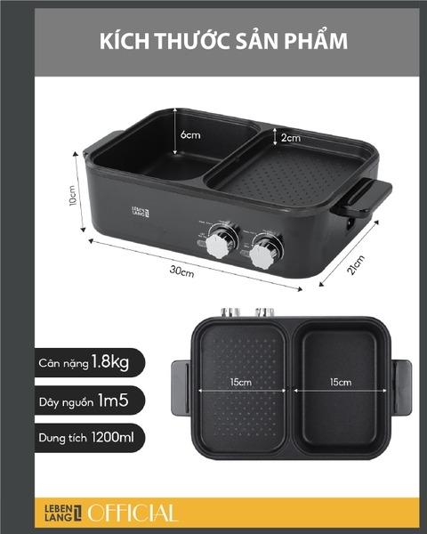LBL8583 - Bếp nướng lẩu 2 ngăn chống dính Lebenlang 1200ml 1300W