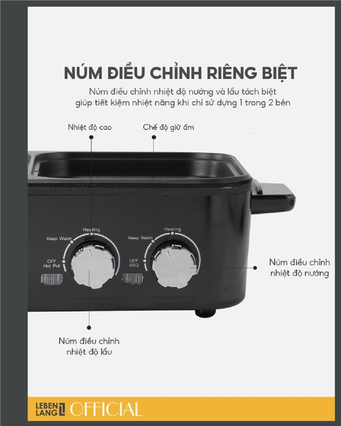 LBL8583 - Bếp nướng lẩu 2 ngăn chống dính Lebenlang 1200ml 1300W