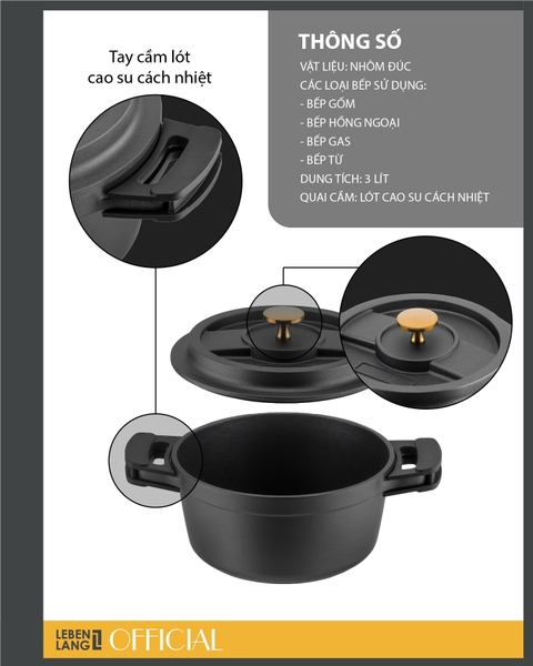 LBL2525- Nồi nhôm đúc tráng men đa năng Lebenlang 3000ml