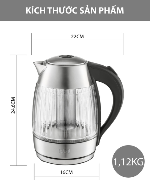 LBLB2828 - Ấm siêu tốc, ấm đun nước thủy tinh, tích hợp lõi trà, LEBENLANG dung tích 1800ml