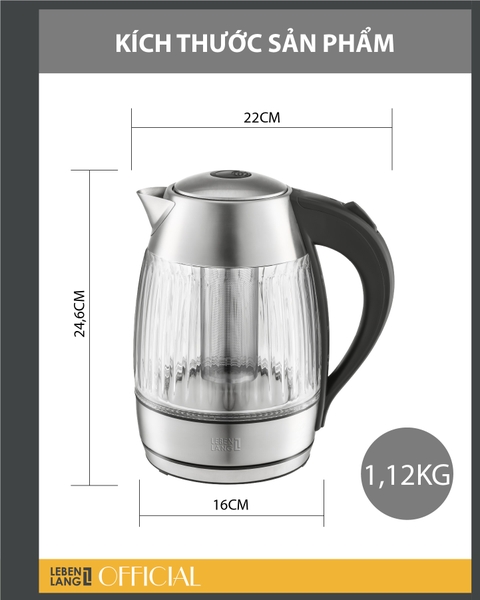 LBLB2828 - Ấm siêu tốc, ấm đun nước thủy tinh, tích hợp lõi trà, LEBENLANG dung tích 1800ml
