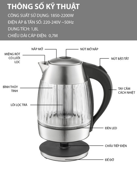 LBLB2828 - Ấm siêu tốc, ấm đun nước thủy tinh, tích hợp lõi trà, LEBENLANG dung tích 1800ml