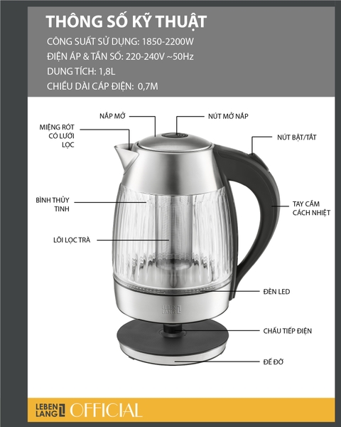 LBLB2828 - Ấm siêu tốc, ấm đun nước thủy tinh, tích hợp lõi trà, LEBENLANG dung tích 1800ml
