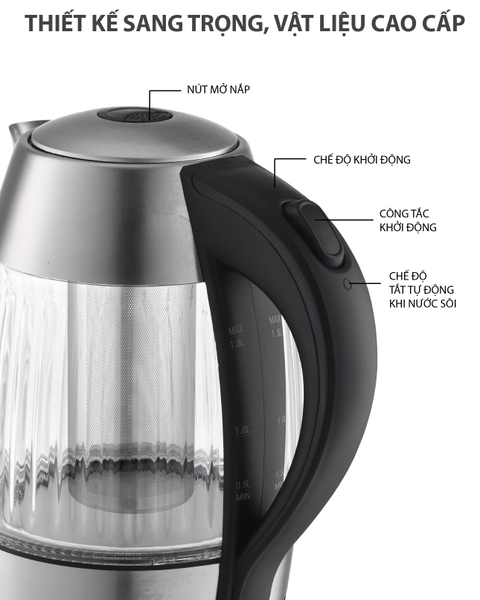 LBLB2828 - Ấm siêu tốc, ấm đun nước thủy tinh, tích hợp lõi trà, LEBENLANG dung tích 1800ml