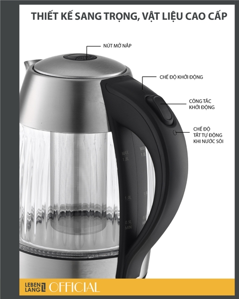 LBLB2828 - Ấm siêu tốc, ấm đun nước thủy tinh, tích hợp lõi trà, LEBENLANG dung tích 1800ml