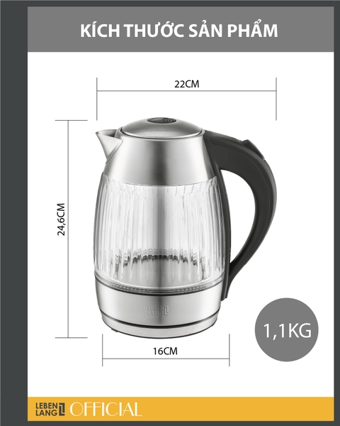 LBL2818 - Ấm siêu tốc, ấm thủy tinh Lebenlang LBL2818 dung tích 1800ml  