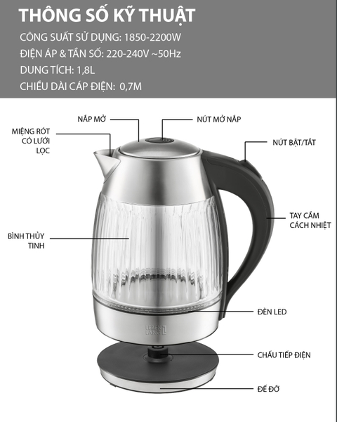 LBL2818 - Ấm siêu tốc, ấm thủy tinh Lebenlang LBL2818 dung tích 1800ml  