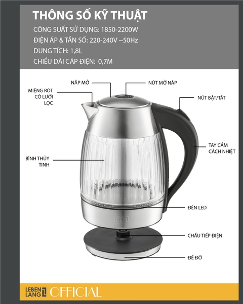 LBL2818 - Ấm siêu tốc, ấm thủy tinh Lebenlang LBL2818 dung tích 1800ml  