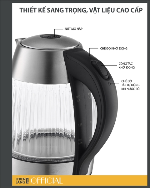 LBL2818 - Ấm siêu tốc, ấm thủy tinh Lebenlang LBL2818 dung tích 1800ml  