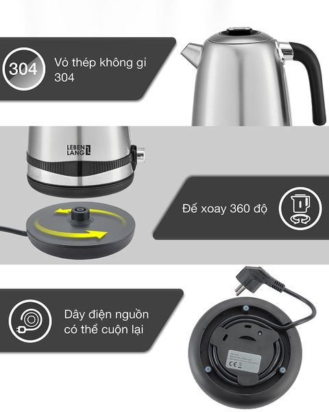 LBE2662 - Ấm siêu tốc, ấm đun nước inox LEBENLANG dung tích 1700ml