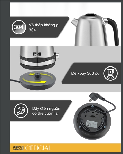LBE2662 - Ấm siêu tốc, ấm đun nước inox LEBENLANG dung tích 1700ml