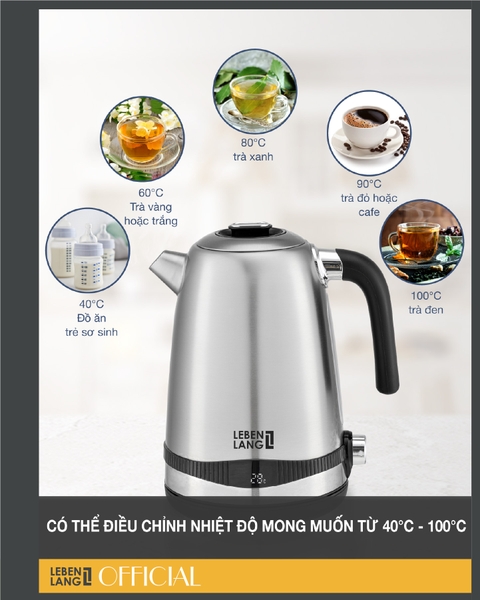 LBE2662 - Ấm siêu tốc, ấm đun nước inox LEBENLANG dung tích 1700ml