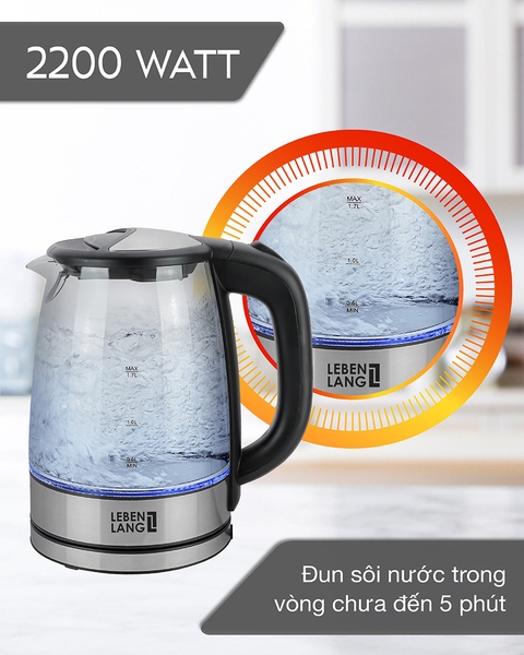LBL2879 - Ấm siêu tốc, ấm thủy tinh LEBENLANG dung tích 1700ml