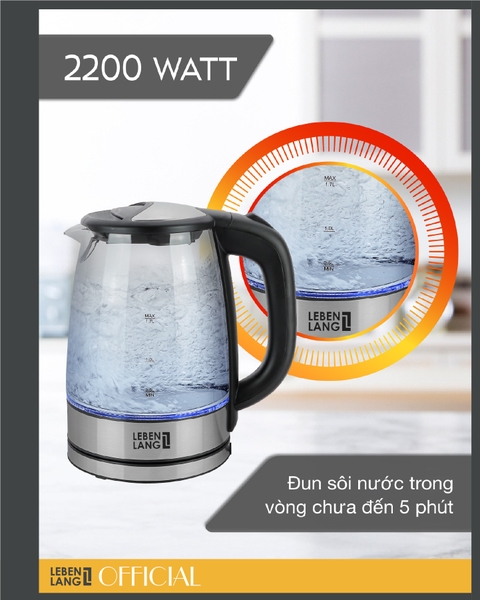 LBL2879 - Ấm siêu tốc, ấm thủy tinh LEBENLANG dung tích 1700ml
