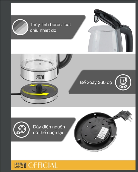 LBL2879 - Ấm siêu tốc, ấm thủy tinh LEBENLANG dung tích 1700ml