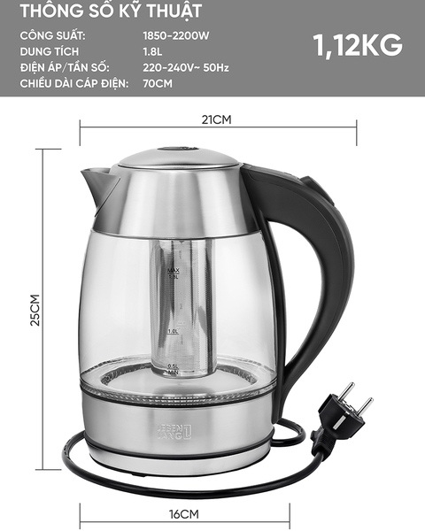 LBLB2226 - Ấm siêu tốc, ấm đun nước thủy tinh, tích hợp lõi trà, LEBENLANG dung tích 1800ml