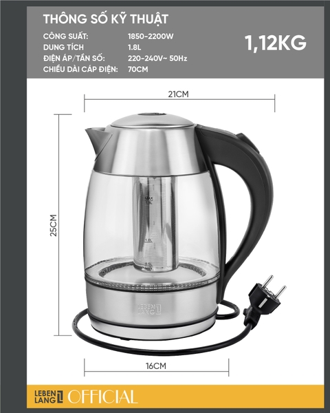 LBLB2226 - Ấm siêu tốc, ấm đun nước thủy tinh, tích hợp lõi trà, LEBENLANG dung tích 1800ml