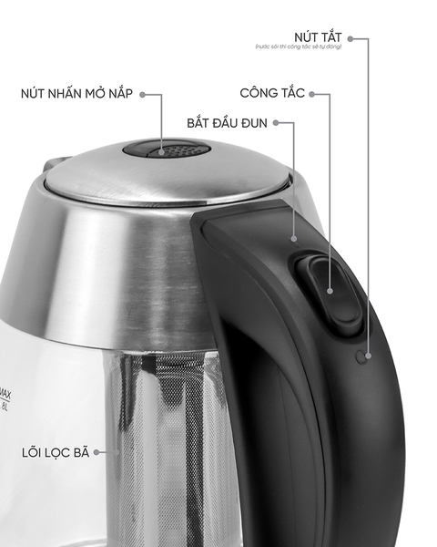 LBLB2226 - Ấm siêu tốc, ấm đun nước thủy tinh, tích hợp lõi trà, LEBENLANG dung tích 1800ml